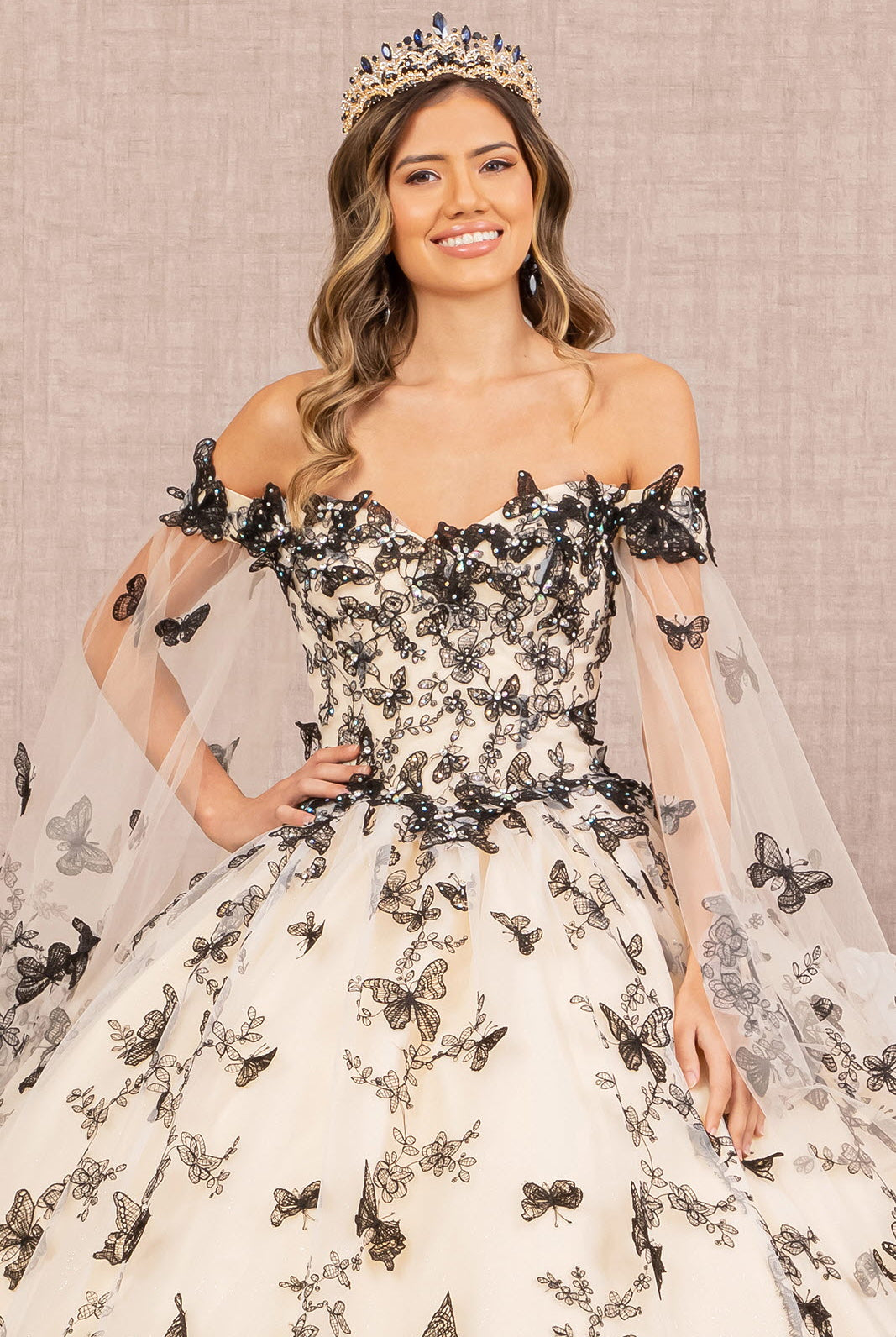 3D Butterfly Applique Quinceanera Gown Detachable Side Mesh Layer GLGL3167-QUINCEANERA-smcfashion.com