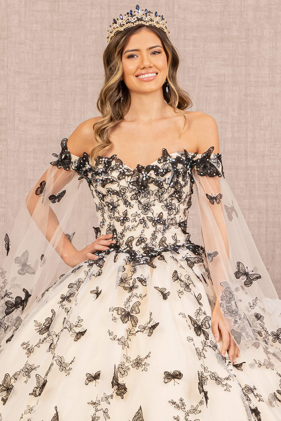 3D Butterfly Applique Quinceanera Gown Detachable Side Mesh Layer GLGL3167-QUINCEANERA-smcfashion.com