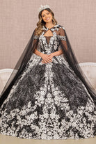 Floral Pattern Glitter Quinceanera Gown Long Mesh Cape GLGL3168-QUINCEANERA-smcfashion.com