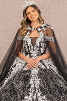 Floral Pattern Glitter Quinceanera Gown Long Mesh Cape GLGL3168-QUINCEANERA-smcfashion.com