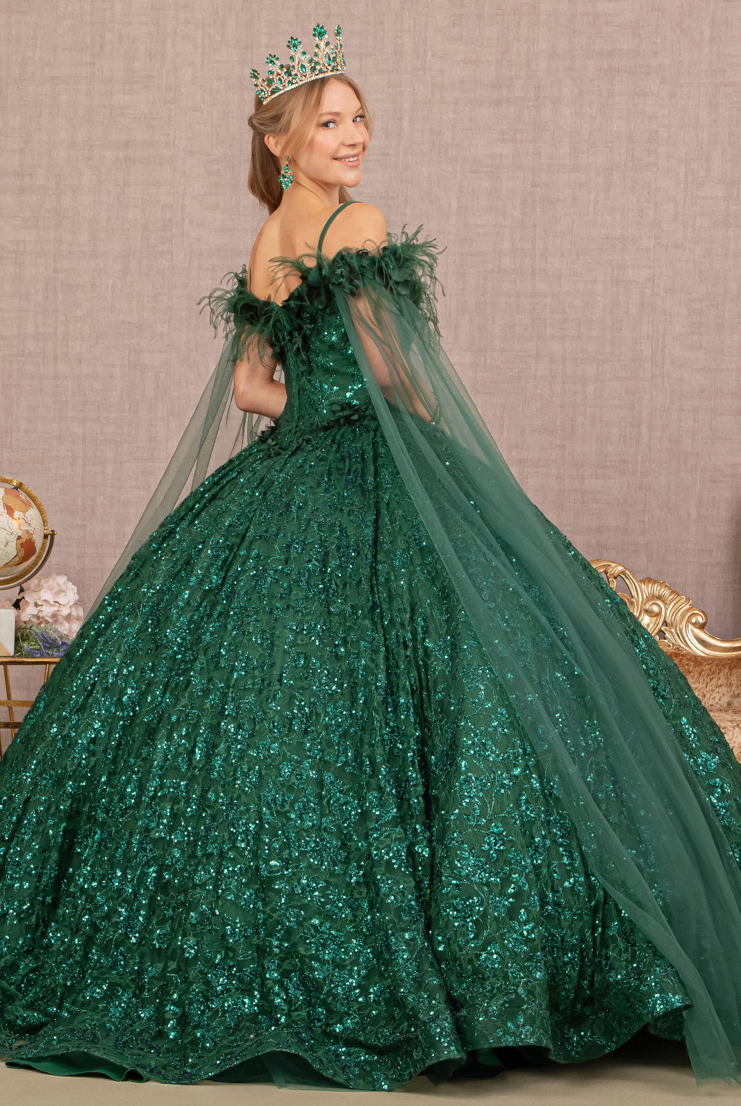 Feather Sequin Lace w/ Detachable Side Mesh Layer Long Quinceanera Dress GLGL3169-QUINCEANERA-smcfashion.com