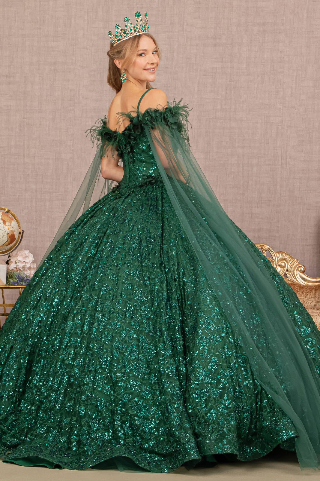 Feather Sequin Lace w/ Detachable Side Mesh Layer Long Quinceanera Dress GLGL3169-QUINCEANERA-smcfashion.com