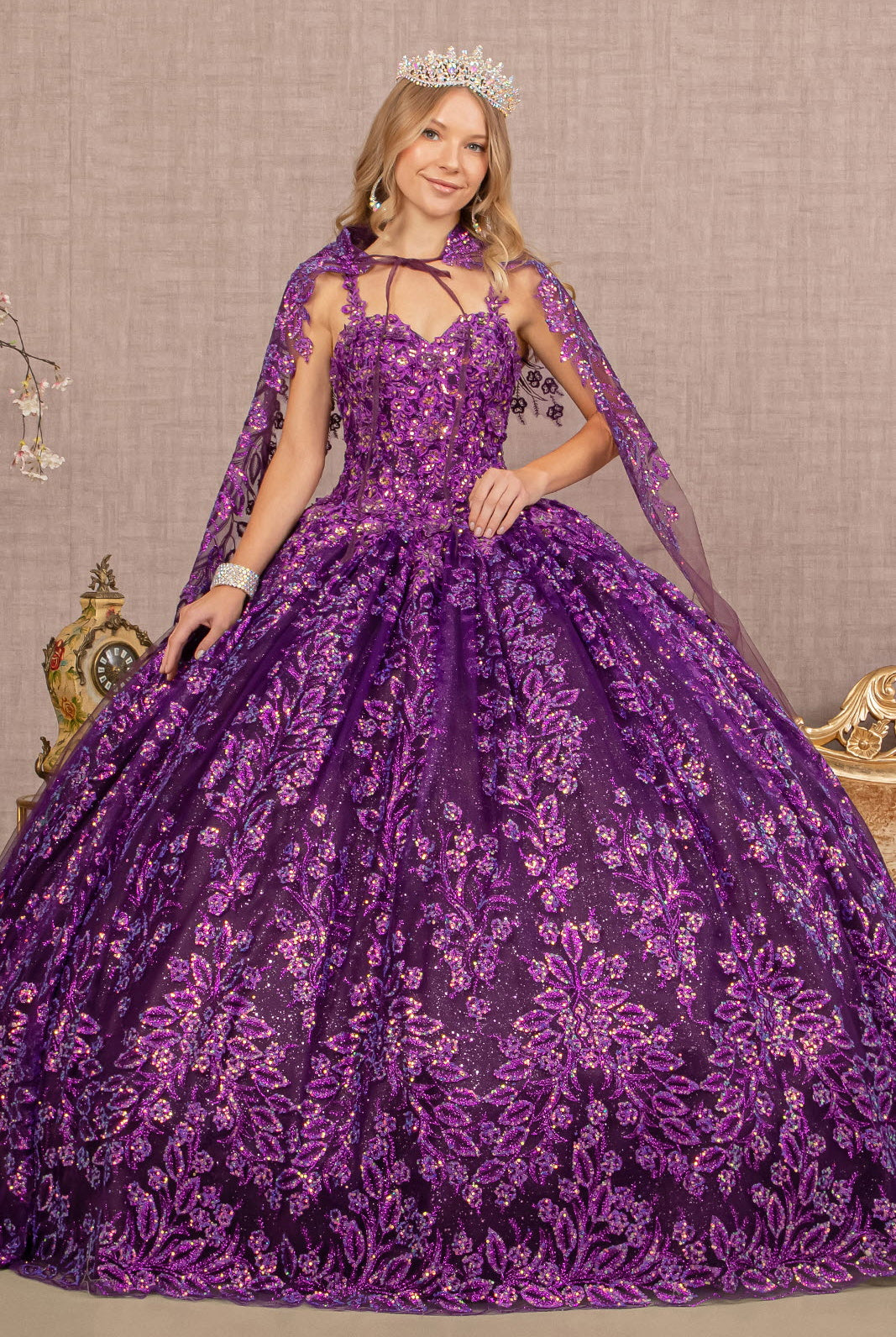 3D Flower Sweetheart Glitter Mesh Ball Gown Long Mesh Cape GLGL3170-QUINCEANERA-smcfashion.com