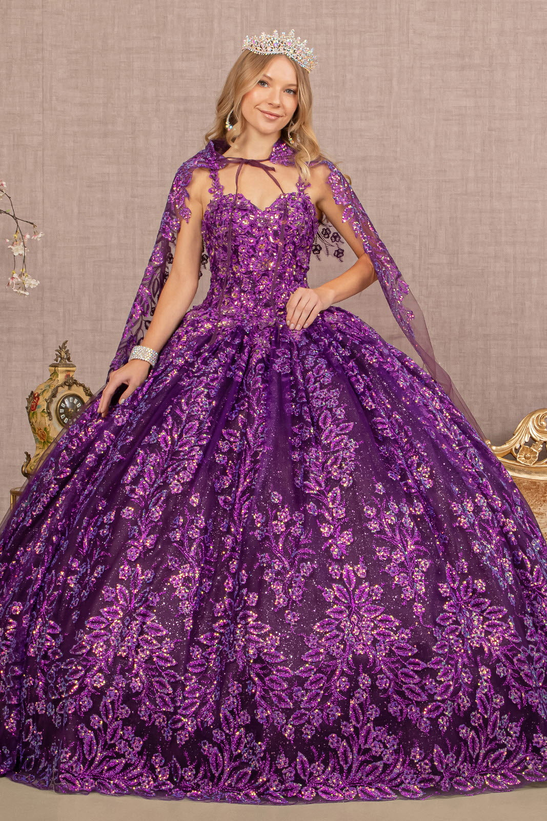 3D Flower Sweetheart Glitter Mesh Ball Gown Long Mesh Cape GLGL3170-QUINCEANERA-smcfashion.com