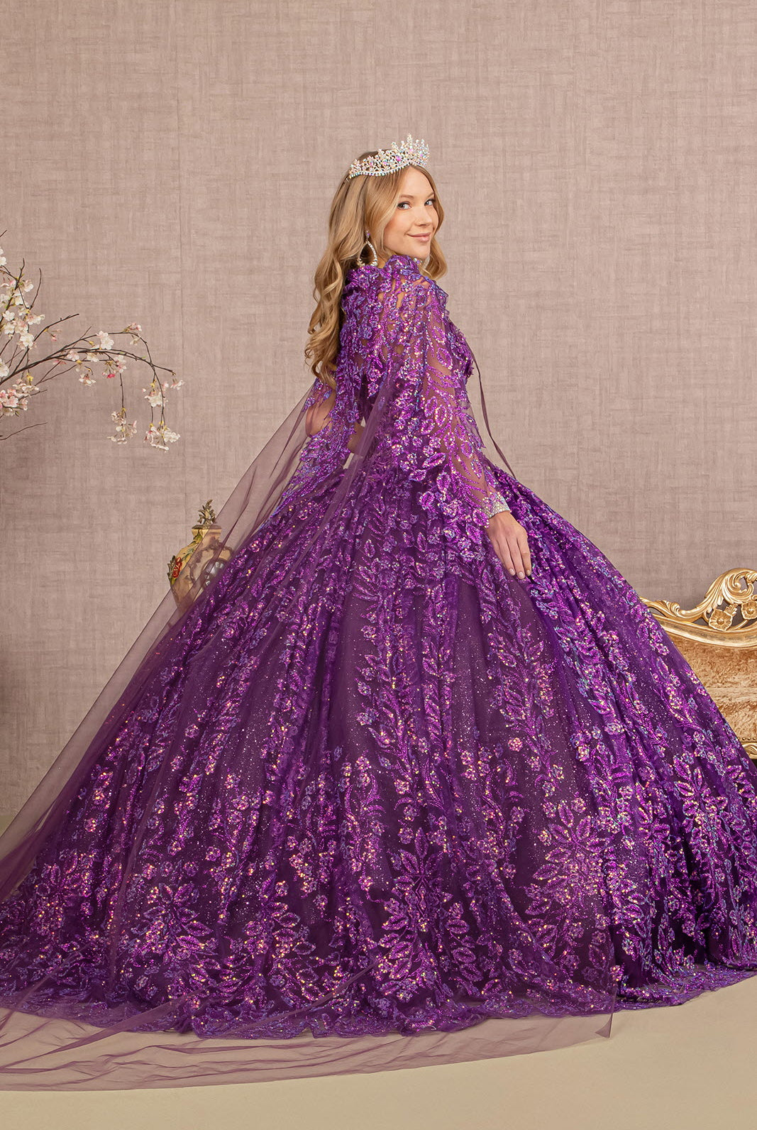 3D Flower Sweetheart Glitter Mesh Ball Gown Long Mesh Cape GLGL3170-QUINCEANERA-smcfashion.com