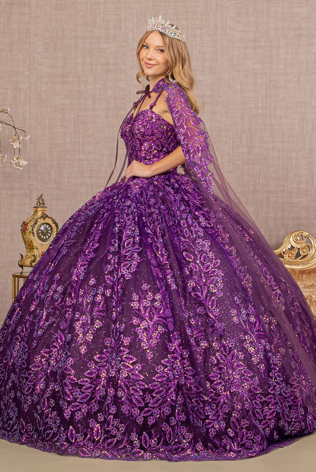 3D Flower Sweetheart Glitter Mesh Ball Gown Long Mesh Cape GLGL3170-QUINCEANERA-smcfashion.com