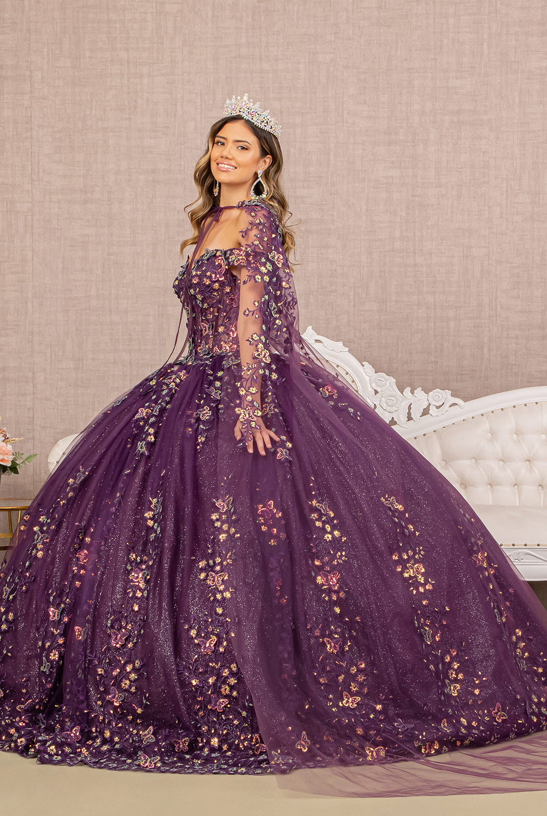 3D Butterfly Sheer Bodice Quinceanera Gown Long Mesh Cape GLGL3171-QUINCEANERA-smcfashion.com