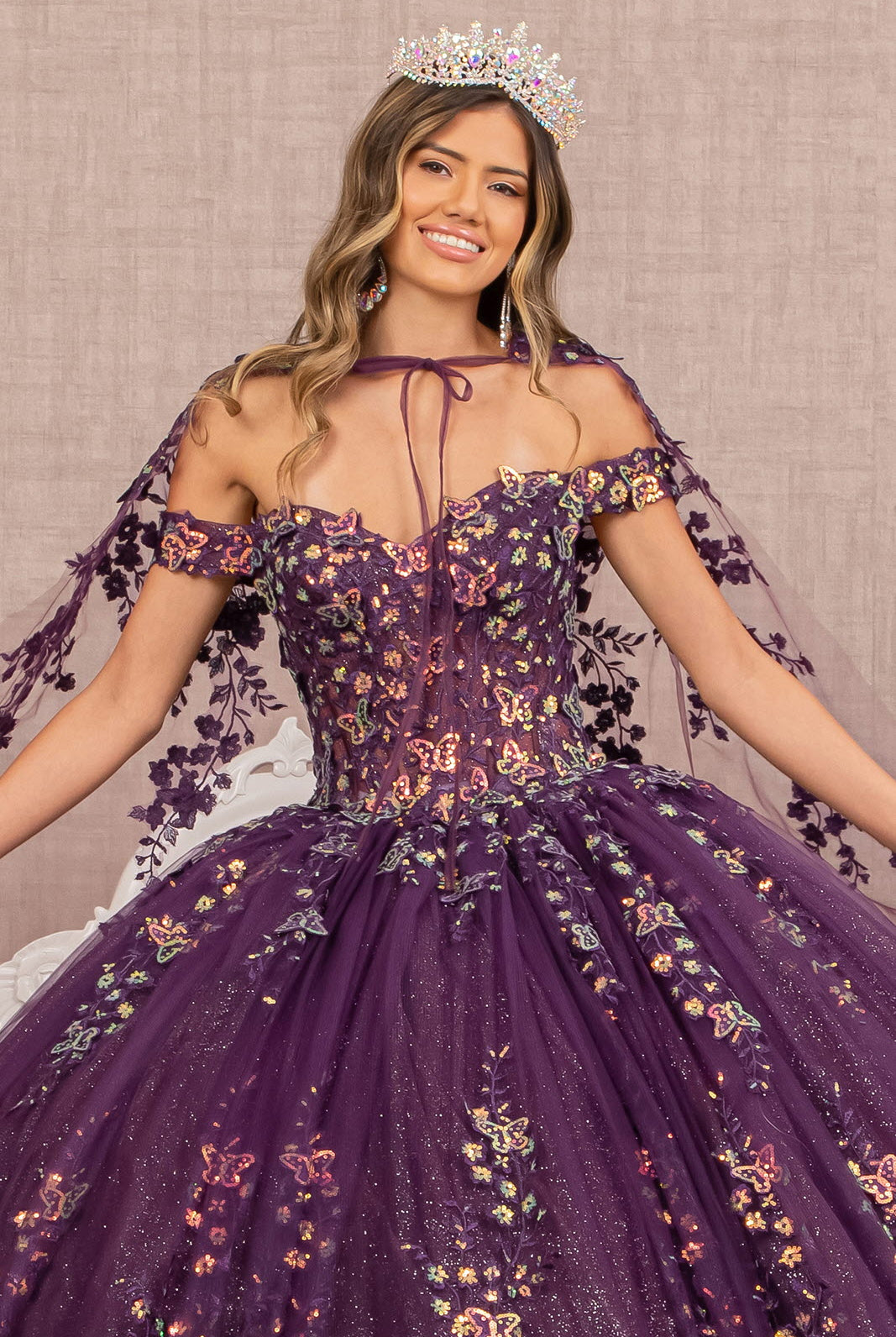 3D Butterfly Sheer Bodice Quinceanera Gown Long Mesh Cape GLGL3171-QUINCEANERA-smcfashion.com