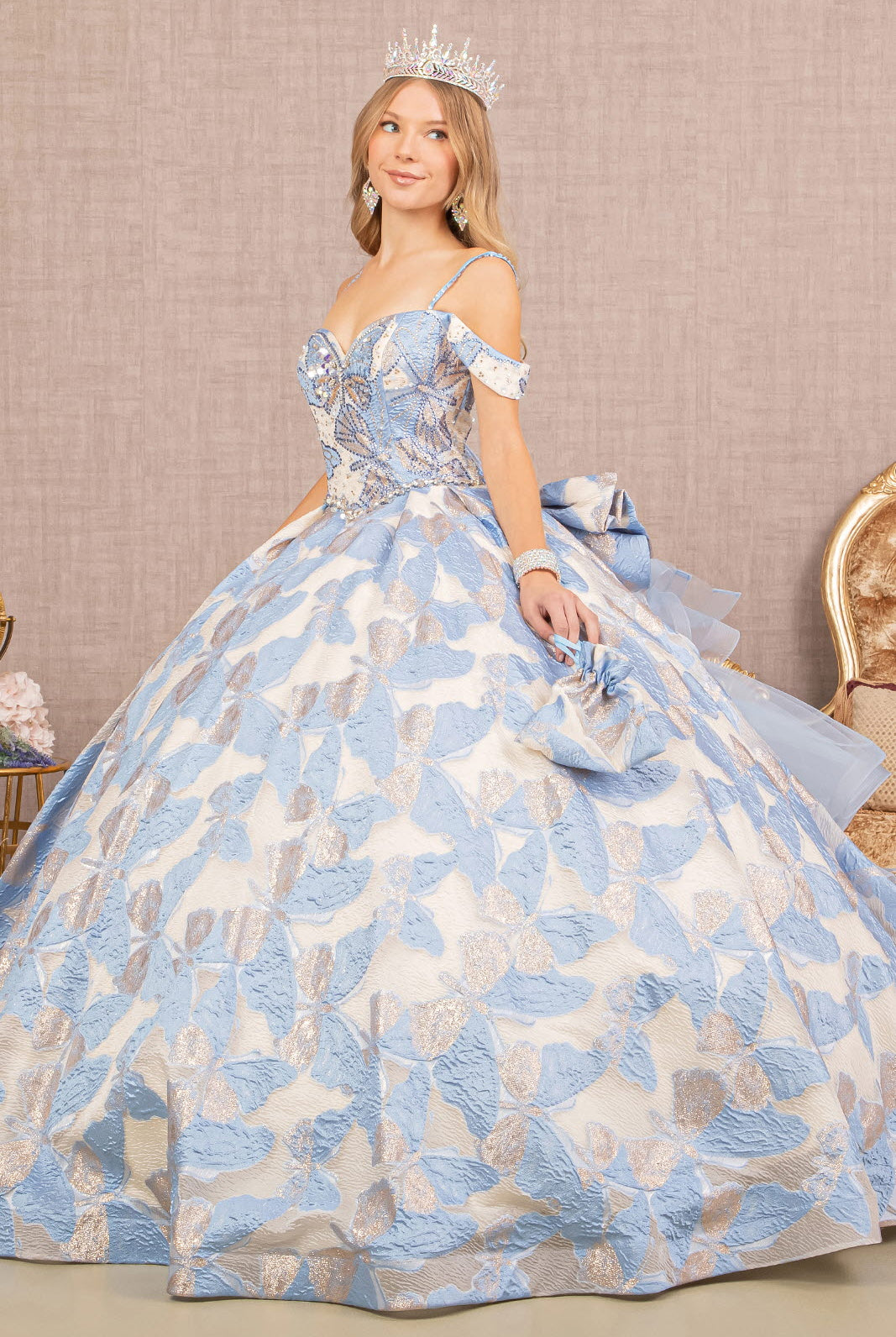 Ribbon Jewel Quinceanera Gown Long Mesh Tail and Mini Bag GLGL3174-QUINCEANERA-smcfashion.com