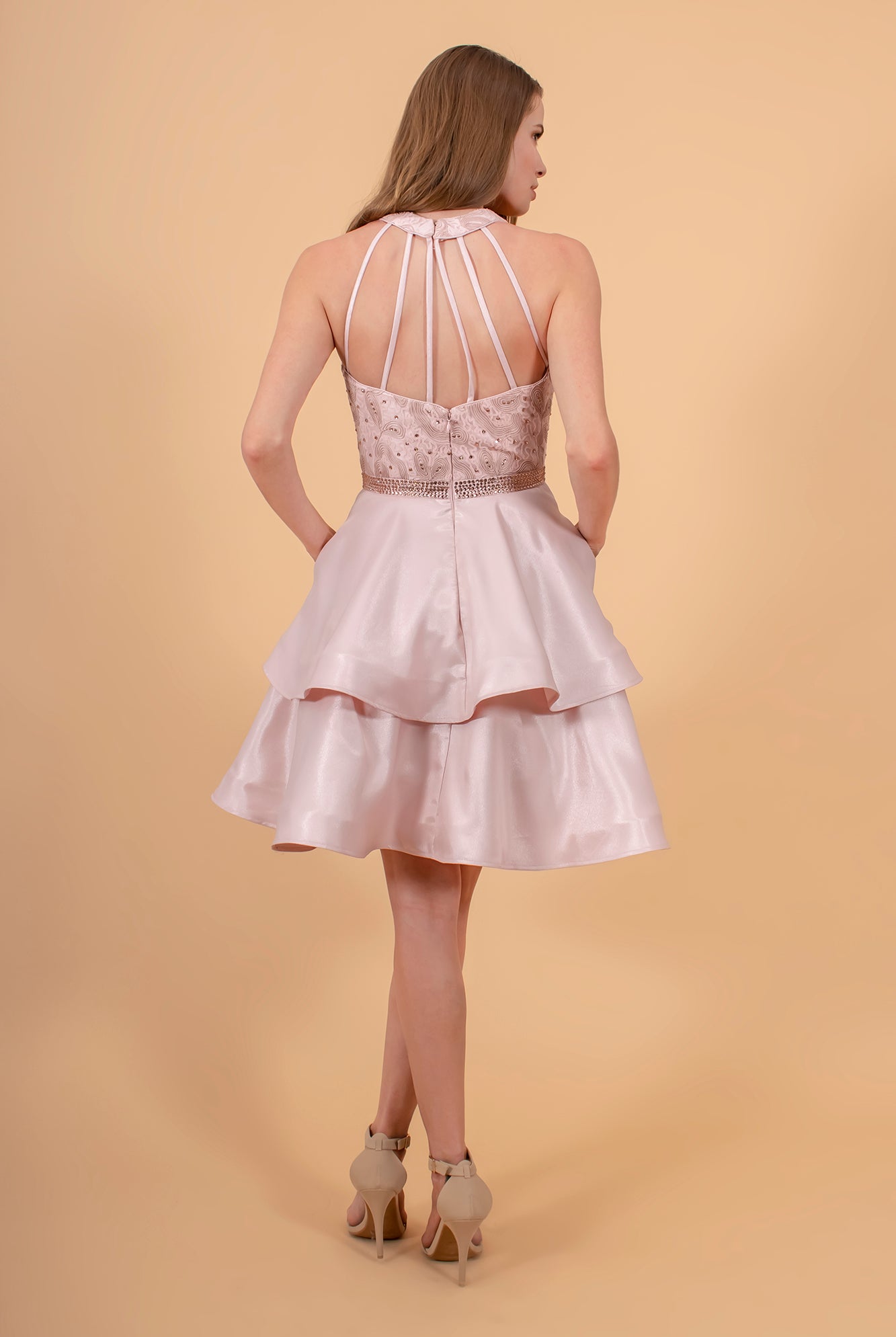 Sequin and Rhinestone Bodice Satin Short Dress /w Side Pockets GLGS1603-HOMECOMING-smcfashion.com