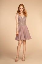 Embroidered Applique Bodice V-Neck Chiffon Short Dress GLGS1622-HOMECOMING-smcfashion.com