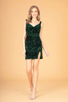 Sequin Embellished Velvet Short Bodycon Dress Side Slit GLGS3085-HOMECOMING-smcfashion.com