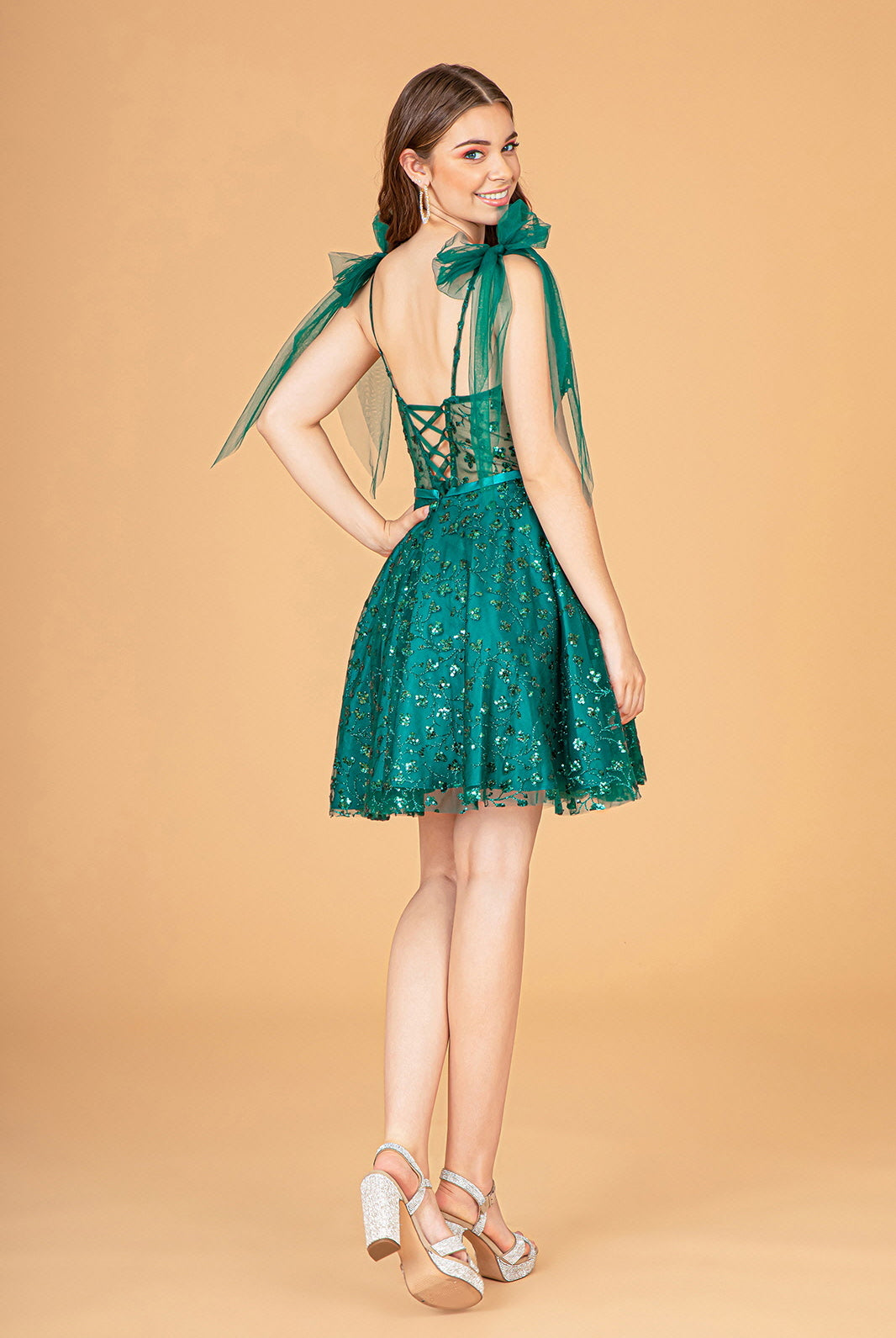 Glitter Mesh Babydoll Short Dress Ribbon Attachment on Shoulder GLGS3088-HOMECOMING-smcfashion.com