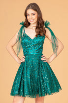 Glitter Mesh Babydoll Short Dress Ribbon Attachment on Shoulder GLGS3088-HOMECOMING-smcfashion.com