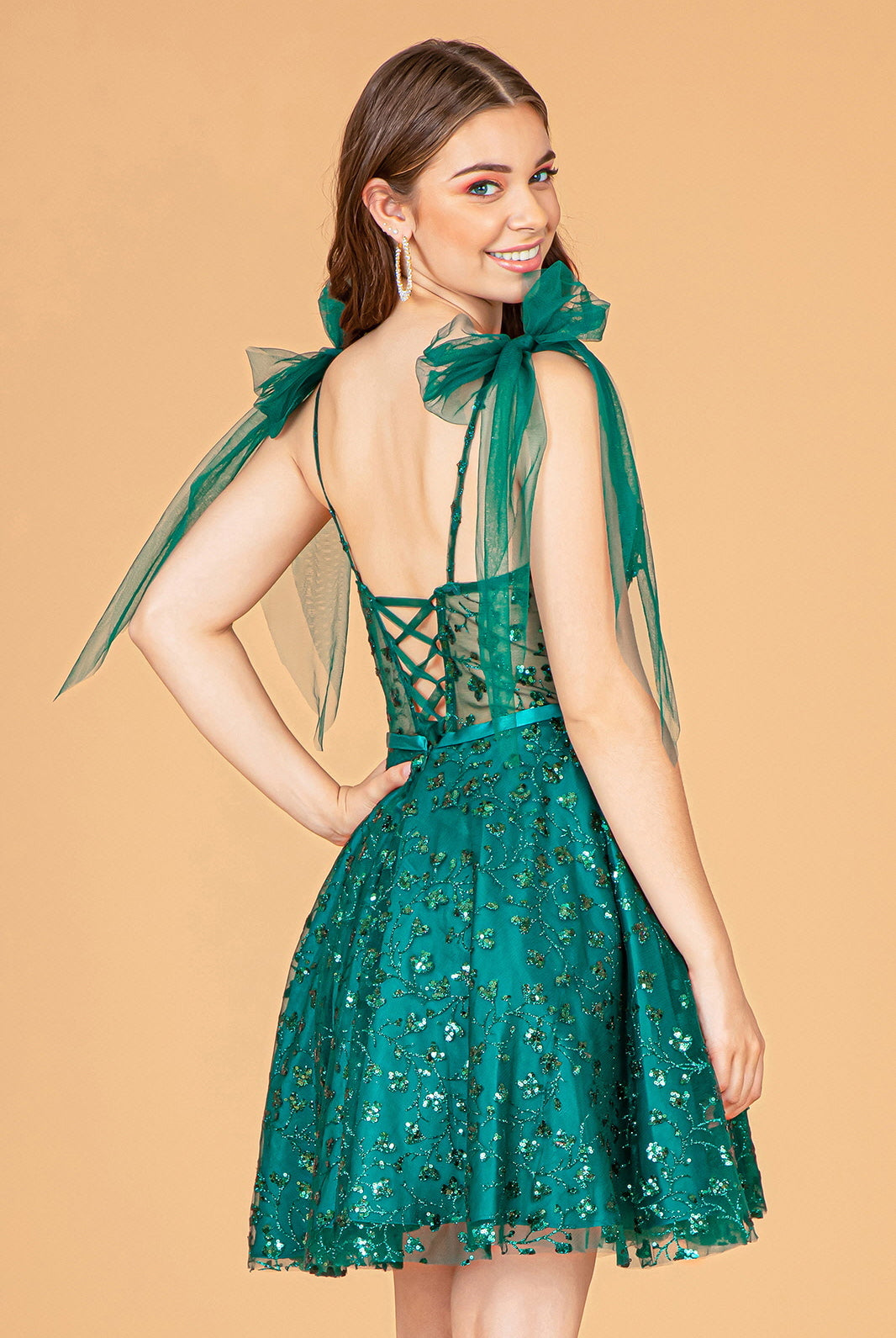 Glitter Mesh Babydoll Short Dress Ribbon Attachment on Shoulder GLGS3088-HOMECOMING-smcfashion.com
