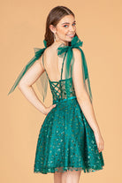 Glitter Mesh Babydoll Short Dress Ribbon Attachment on Shoulder GLGS3088-HOMECOMING-smcfashion.com