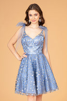 Glitter Mesh Babydoll Short Dress Ribbon Attachment on Shoulder GLGS3088-HOMECOMING-smcfashion.com