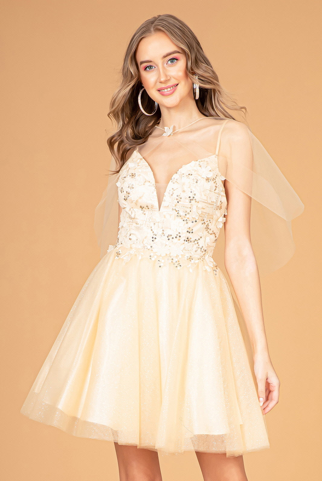 3D Flower Applique Mesh Short Dress Short Mesh Cape GLGS3089-HOMECOMING-smcfashion.com