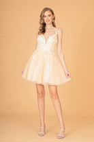 Mesh Babydoll Short Dress with 3D Appliques and Corset Back GLGS3090-HOMECOMING-smcfashion.com