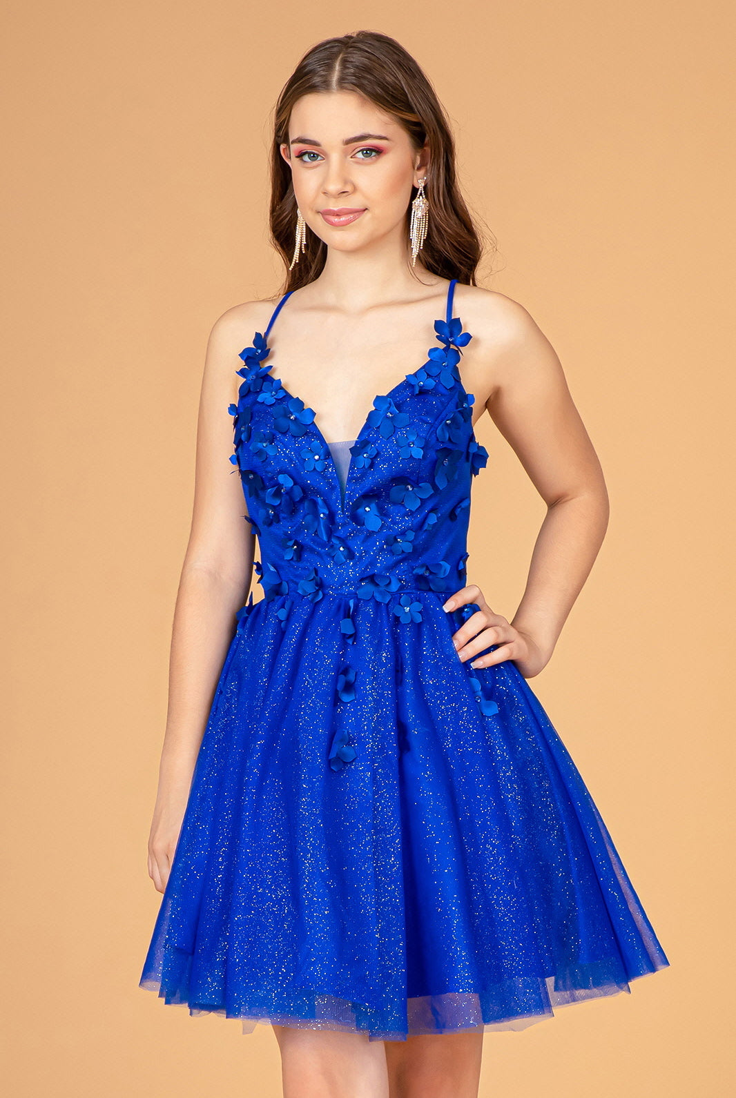 Mesh Babydoll Short Dress with 3D Appliques and Corset Back GLGS3090-HOMECOMING-smcfashion.com