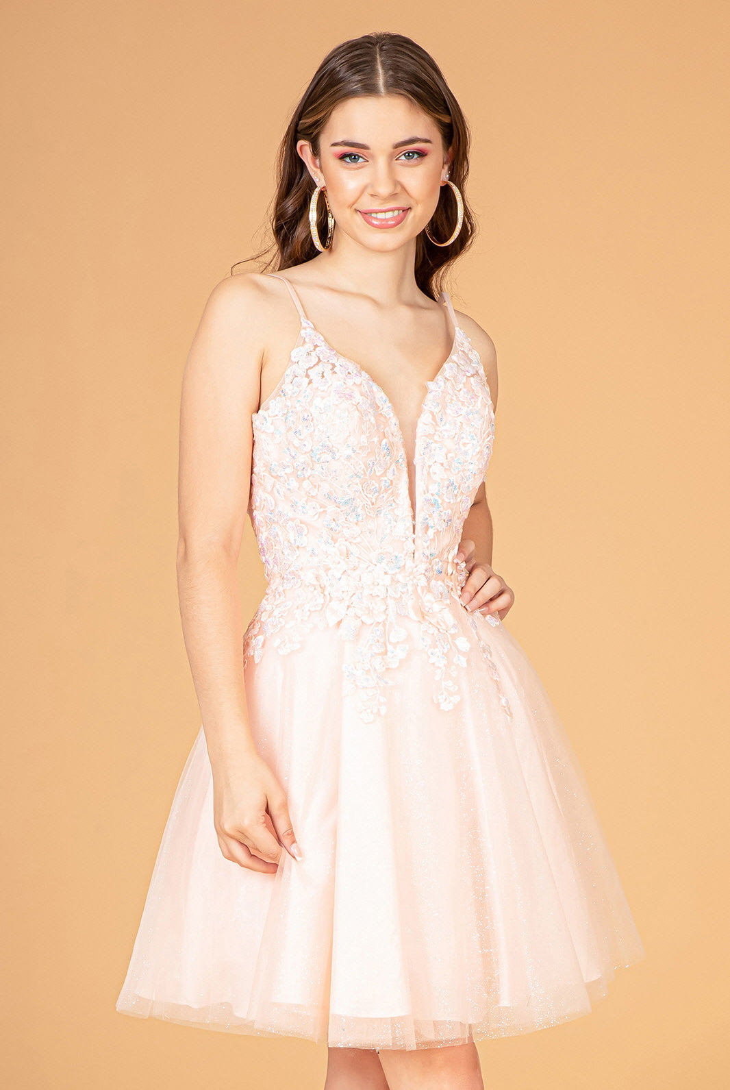 3D Flower Jewel Mesh Short Babydoll Dress Corset Back GLGS3094-HOMECOMING-smcfashion.com