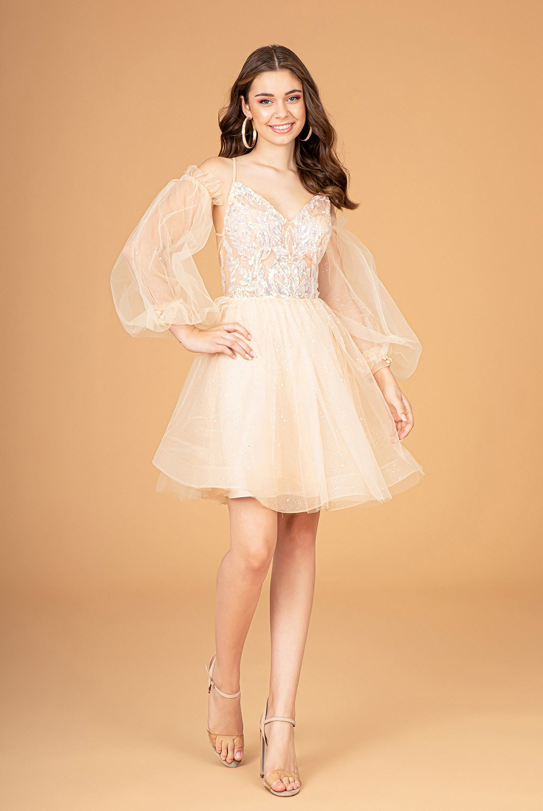 Sheer Bodice Glitter Short Dress Detachable Mesh Long Sleeves GLGS3095-HOMECOMING-smcfashion.com