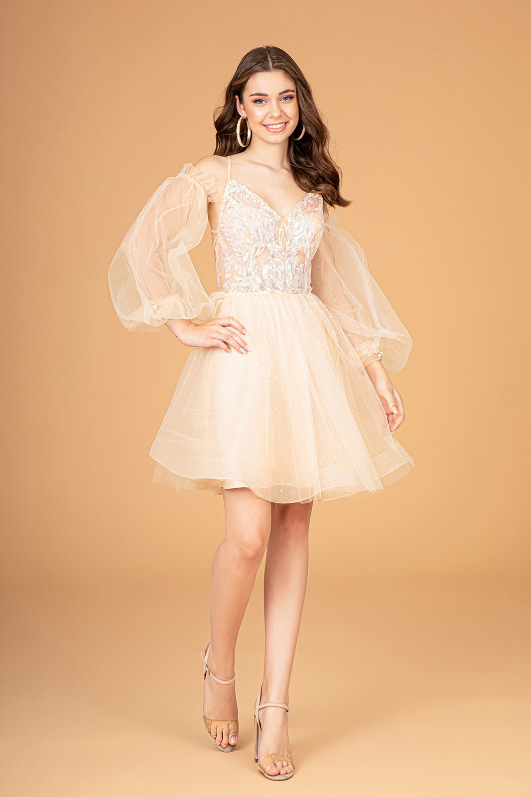 Sheer Bodice Glitter Short Dress Detachable Mesh Long Sleeves GLGS3095-HOMECOMING-smcfashion.com
