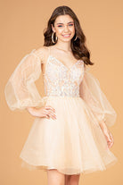Sheer Bodice Glitter Short Dress Detachable Mesh Long Sleeves GLGS3095-HOMECOMING-smcfashion.com