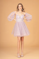 Sheer Bodice Glitter Short Dress Detachable Mesh Long Sleeves GLGS3095-HOMECOMING-smcfashion.com