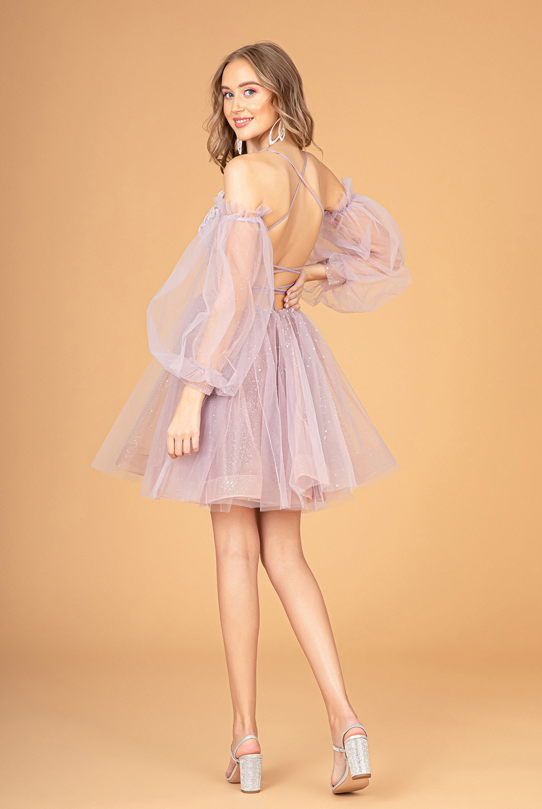 Sheer Bodice Glitter Short Dress Detachable Mesh Long Sleeves GLGS3095-HOMECOMING-smcfashion.com