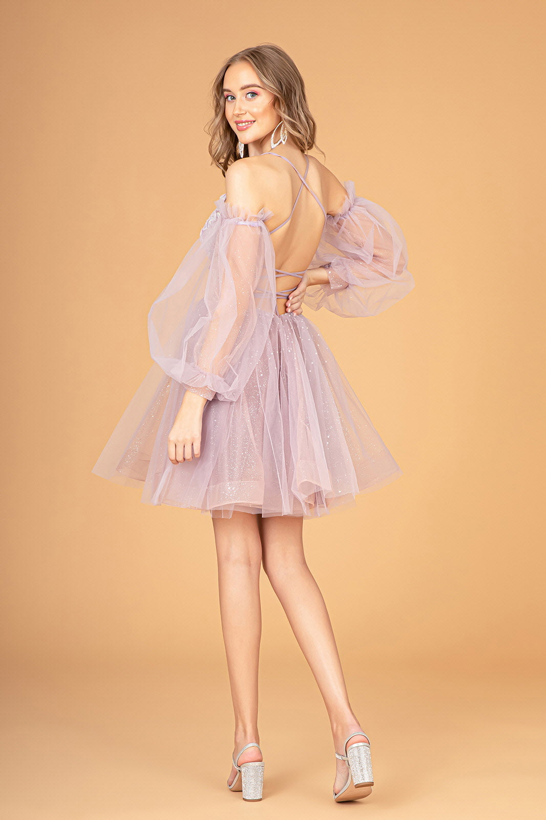 Sheer Bodice Glitter Short Dress Detachable Mesh Long Sleeves GLGS3095-HOMECOMING-smcfashion.com