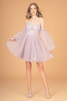 Sheer Bodice Glitter Short Dress Detachable Mesh Long Sleeves GLGS3095-HOMECOMING-smcfashion.com