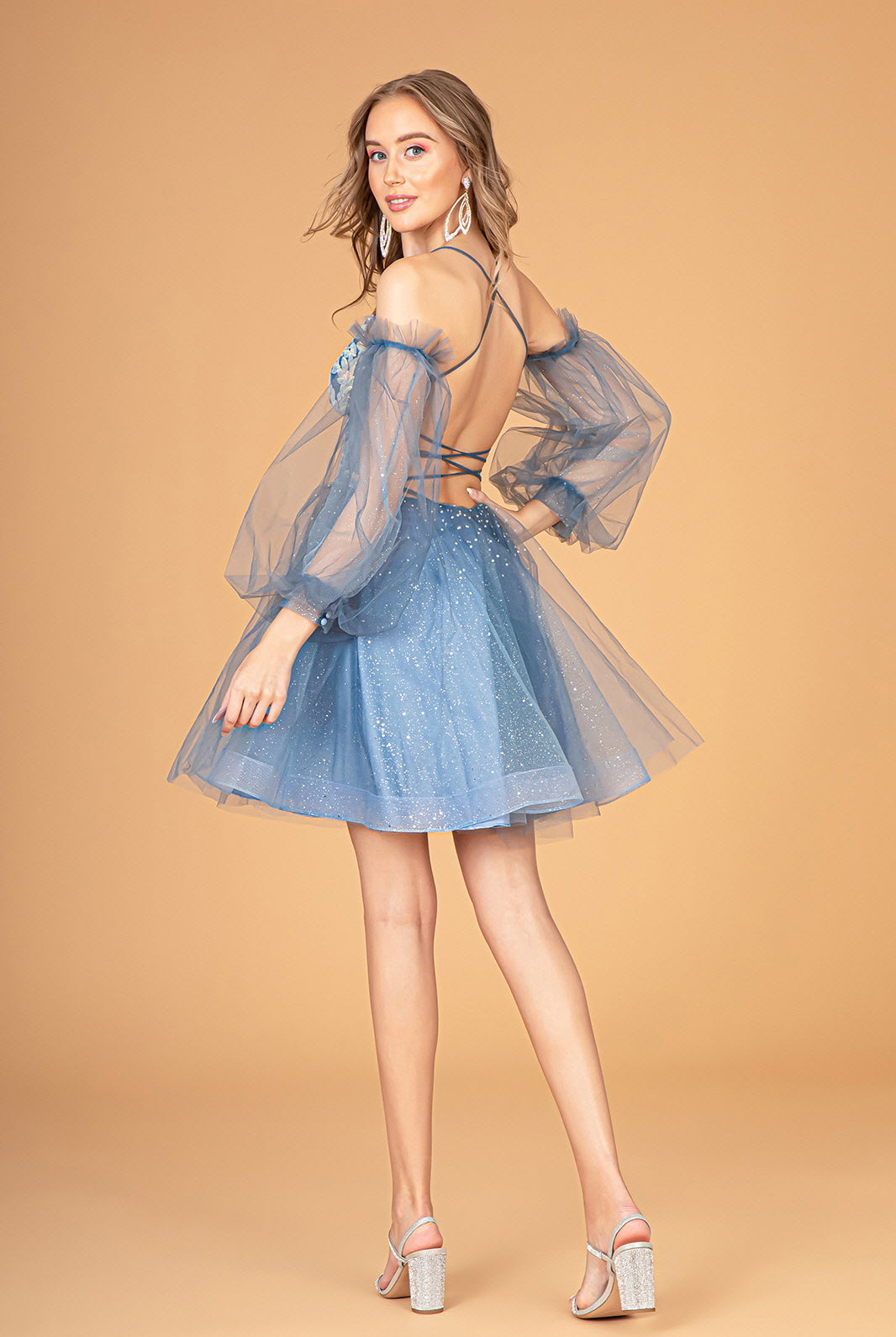 Sheer Bodice Glitter Short Dress Detachable Mesh Long Sleeves GLGS3095-HOMECOMING-smcfashion.com