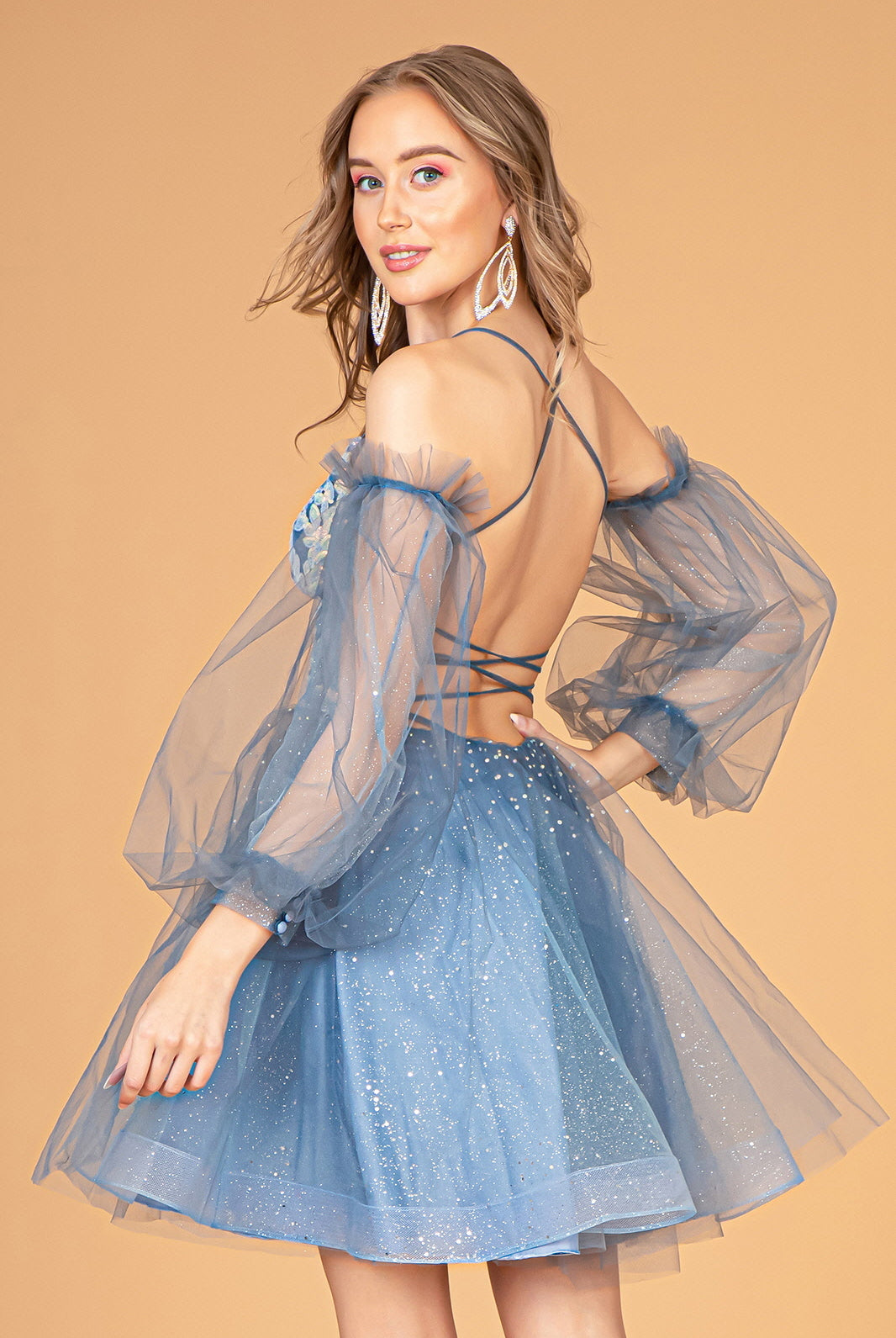 Sheer Bodice Glitter Short Dress Detachable Mesh Long Sleeves GLGS3095-HOMECOMING-smcfashion.com