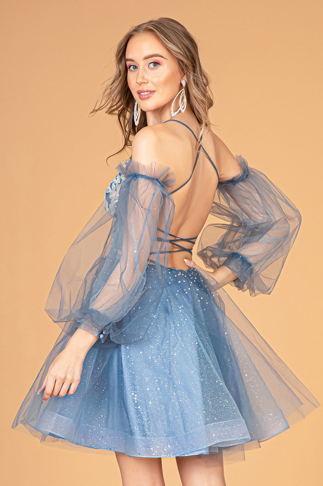 Sheer Bodice Glitter Short Dress Detachable Mesh Long Sleeves GLGS3095-HOMECOMING-smcfashion.com