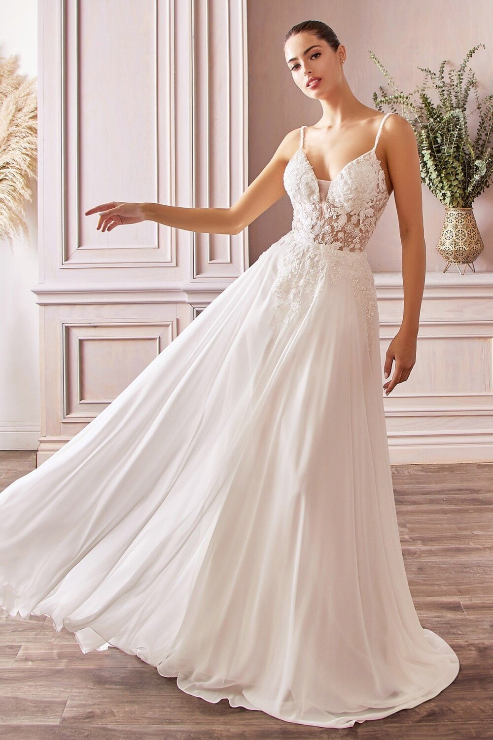 A-line Chiffon Vintage Bridal Gown | Beaded Embellished Floral Bodice | Appliqué Wedding Gown | Sensual V-neck Open Back | CDTY11-smcfashion.com