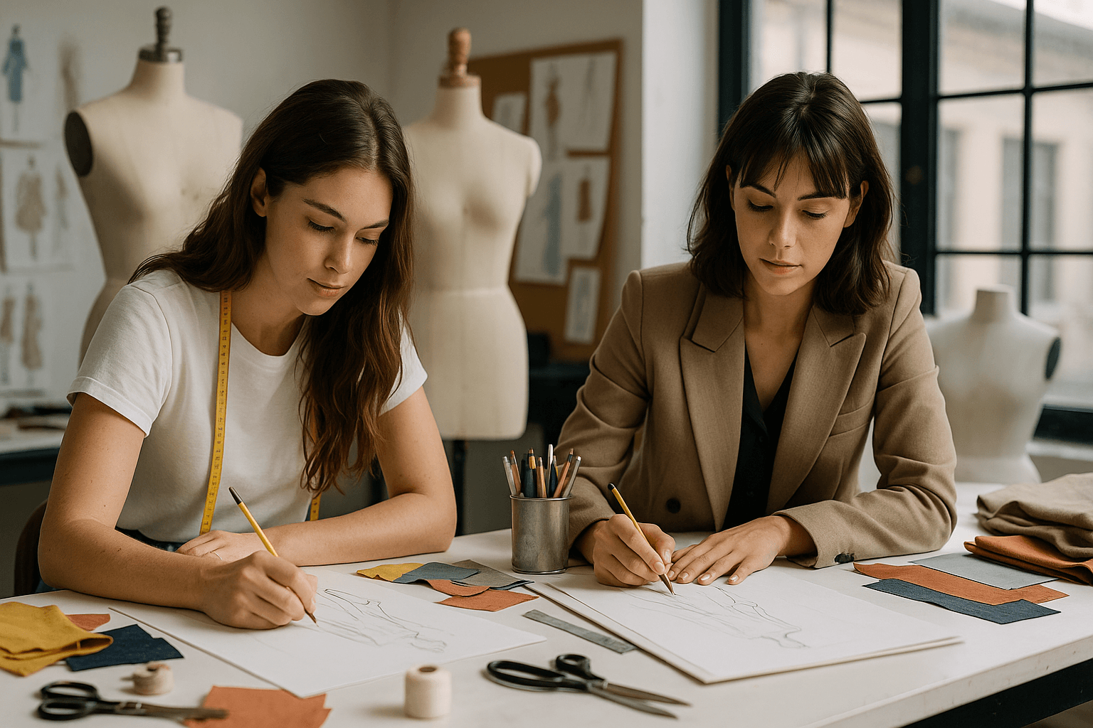 Fashion students from top global design schools working on garments in a modern studio setting, showcasing international fashion education excellence