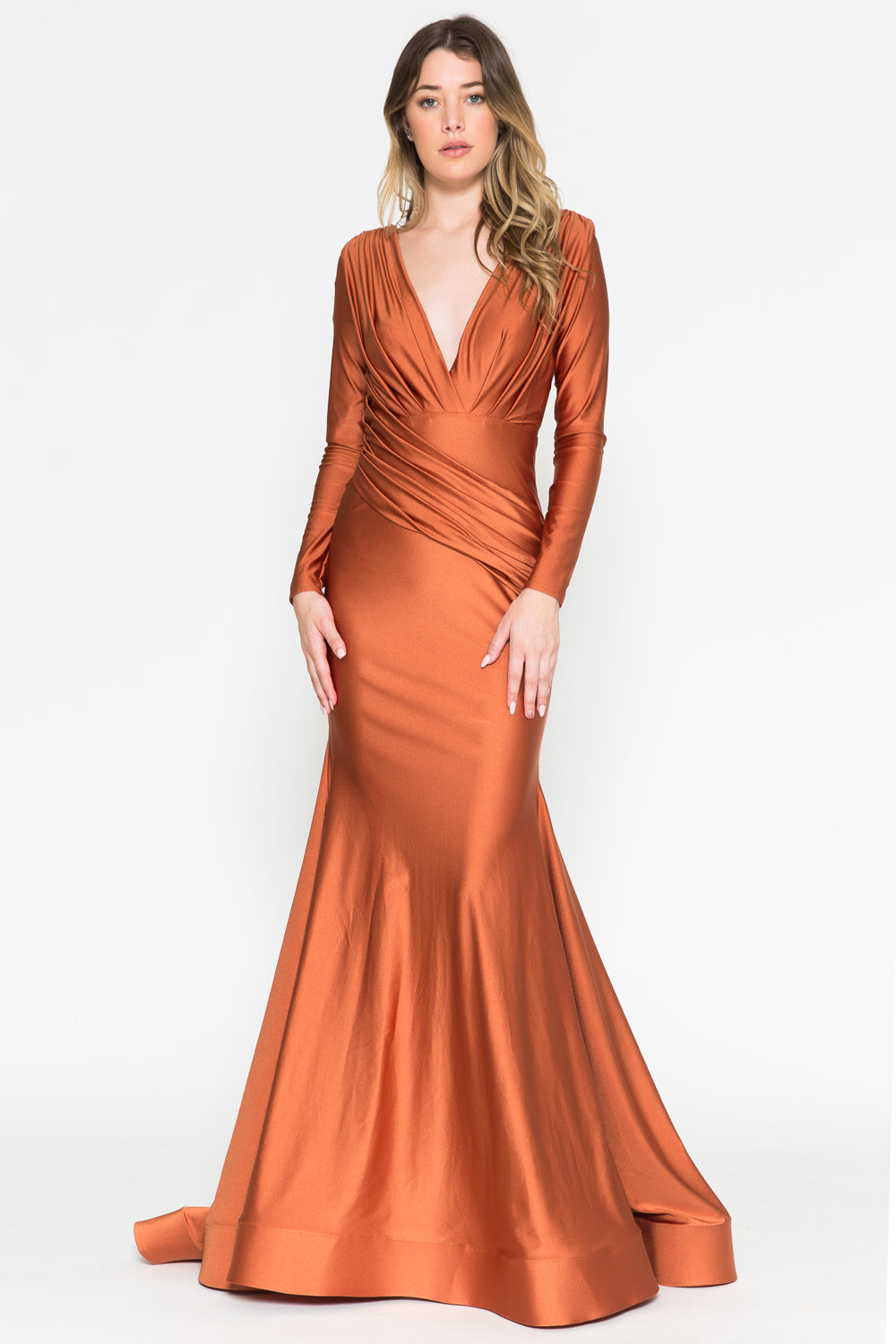 V-Neck Long Sleeves Mermaid Satin Long Evening & Mother Of The Bride Dress AC381-Mother of the Bride Dress-smcfashion.com