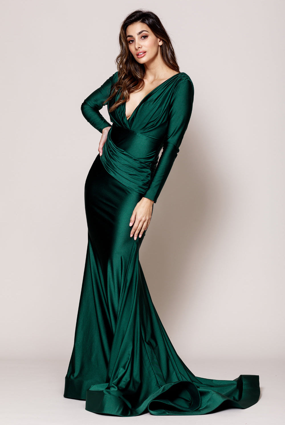 V-Neck Long Sleeves Mermaid Satin Long Evening & Mother Of The Bride Dress AC381-Mother of the Bride Dress-smcfashion.com