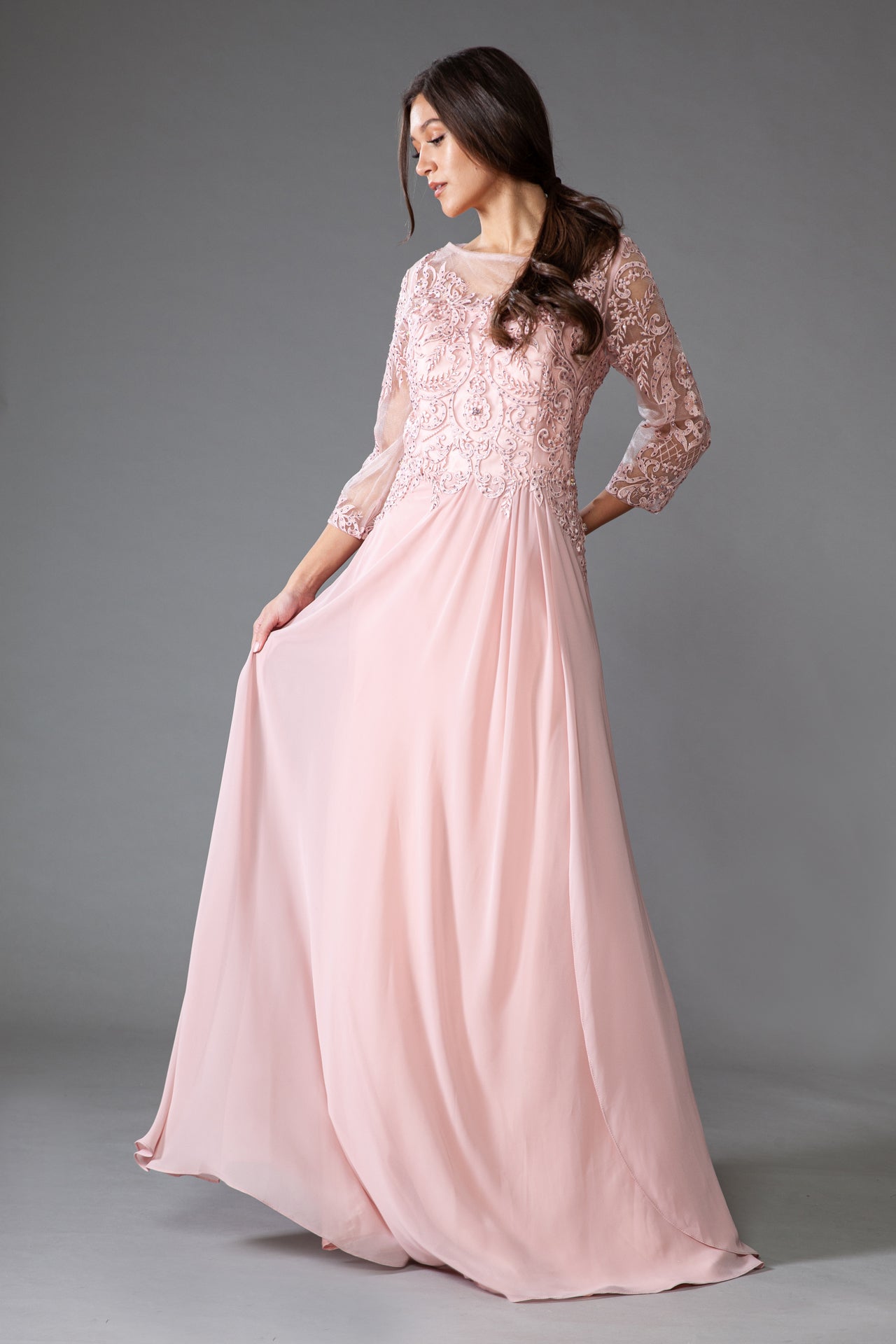 Sheer Sleeves Embroidered Lace Bodice Long Mother Of The Bride