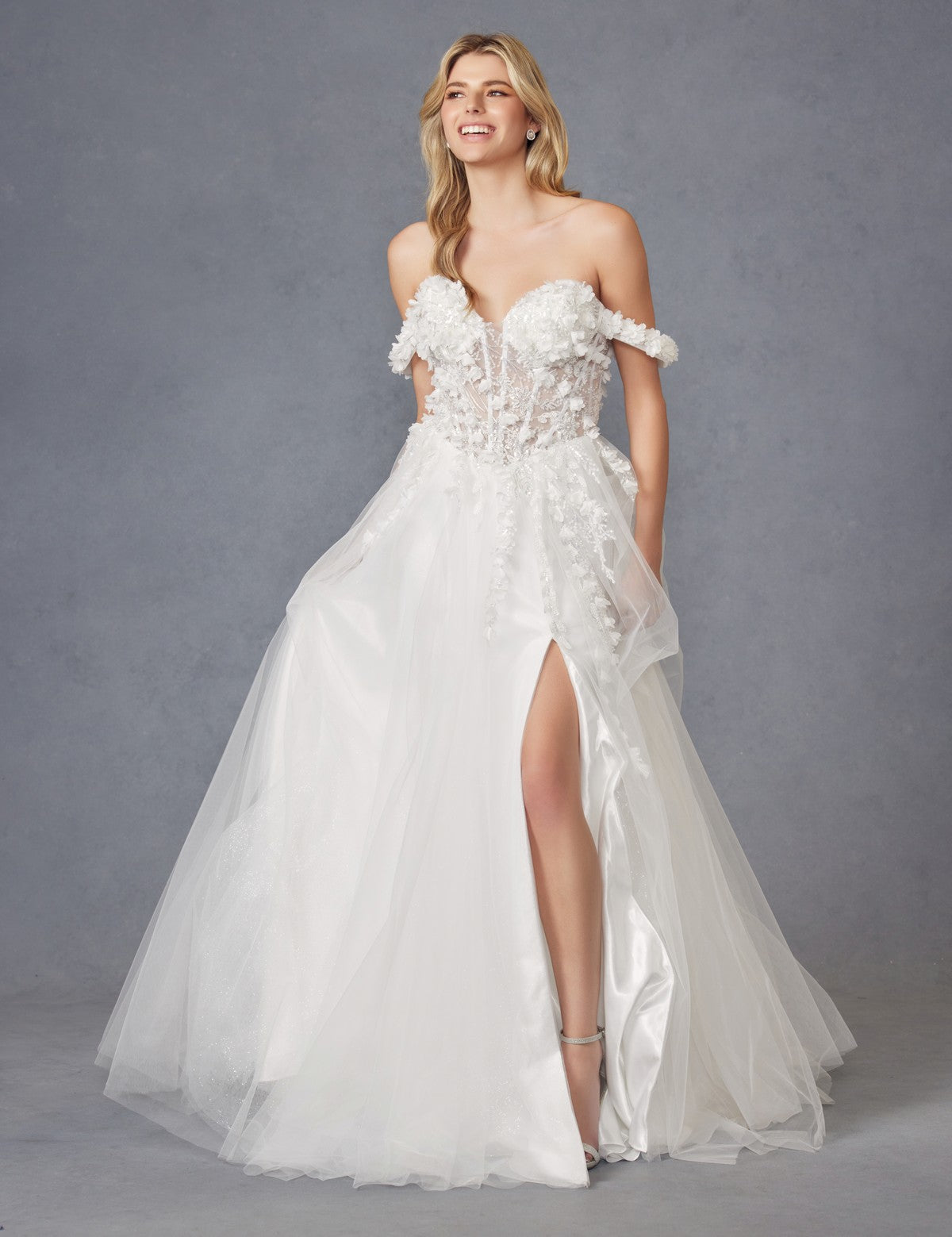 3D Floral Off Shoulder Sheer Bodice Long Wedding Dress