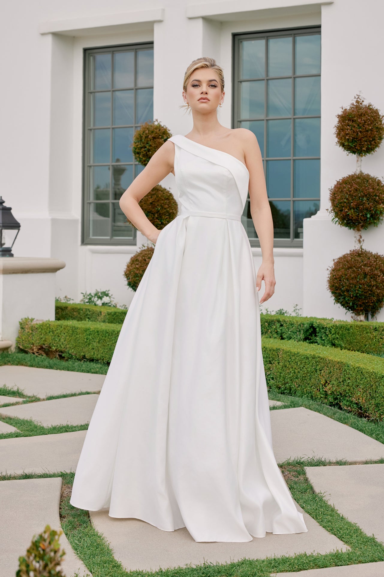 one shoulder bridal dress 66223: Long Sleeve Stretch Crepe Fit and Flare this gown is designed to make every bride feel radiant and graceful on her special day A Line One Shoulder Side