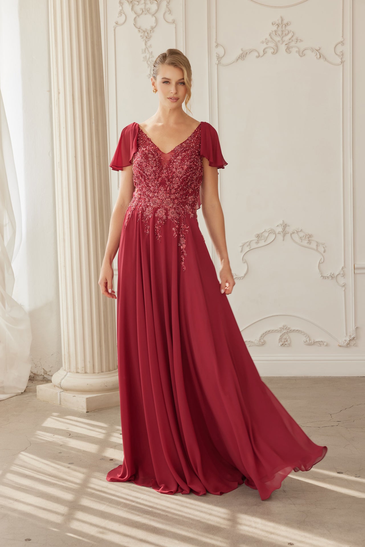 Elegant A-Line Mother Of Bride Gown w/ Butterfly Sleeves & Floral Moti smcfashion.com Elegant A-Line Mother Of Bride Gown w/ Butterfly Sleeves & Floral Moti smcfashion.com