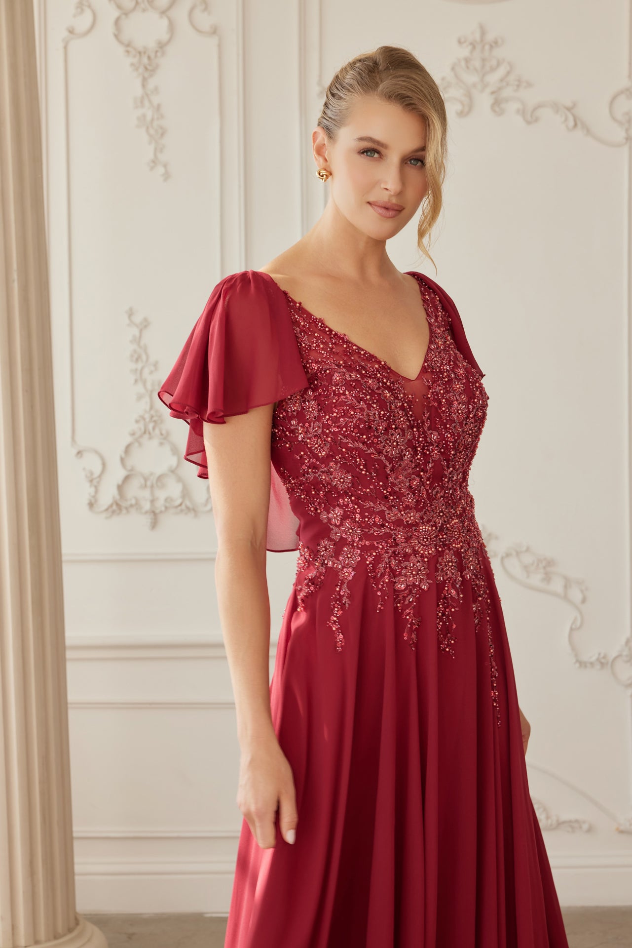Elegant A-Line Mother Of Bride Gown w/ Butterfly Sleeves & Floral Moti smcfashion.com Elegant A-Line Mother Of Bride Gown w/ Butterfly Sleeves & Floral Moti smcfashion.com