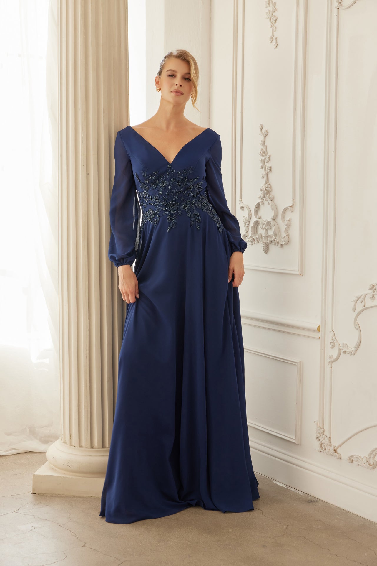 Formal A-Line Mother Of Bride Gown w/ Long Sleeves & Sequin Waist NXME smcfashion.com Formal A-Line Mother Of Bride Gown w/ Long Sleeves & Sequin Waist NXME smcfashion.com