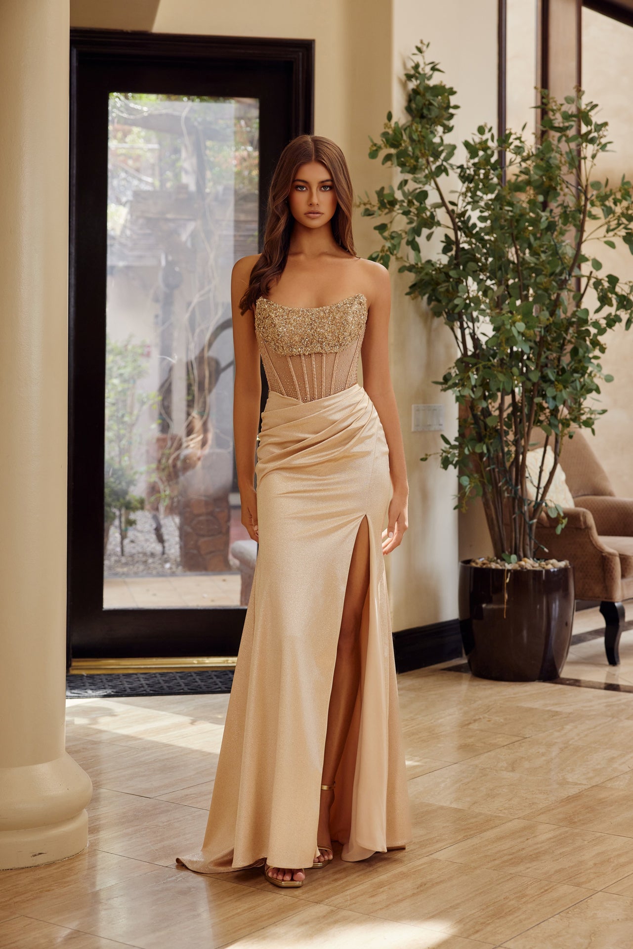 beige slit dress All That Glitters Front Split Tied Back Maxi Dress Beige