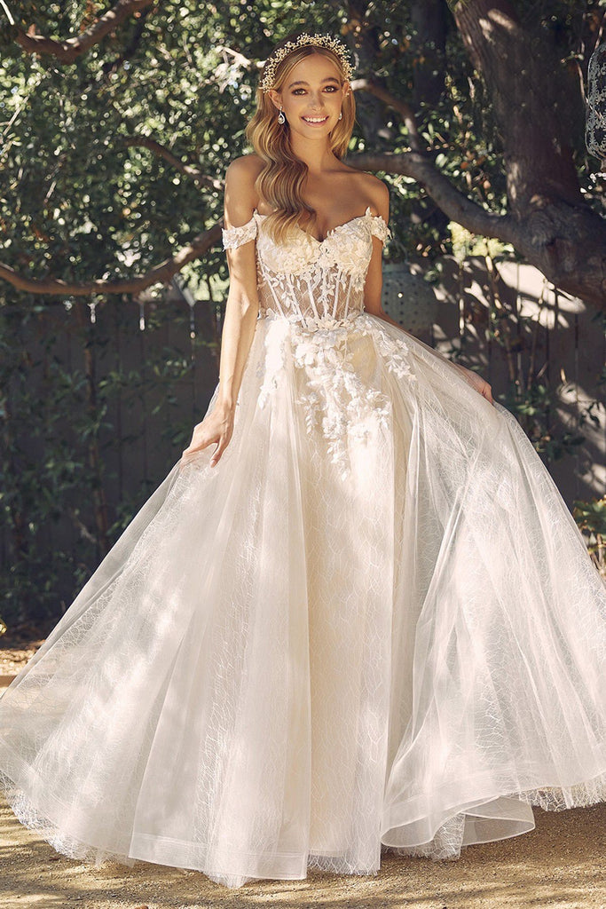 Tulle Off-Shoulder with Floral Bodice Open Back Long Wedding Dress NXC1199W