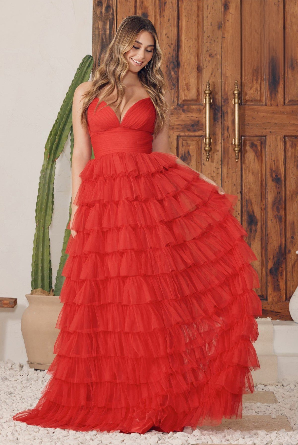 Elegant Tulle Ruffled Layers V-Neck Spaghetti Straps Long Prom Dress NXR1240-Prom Dress-smcfashion.com