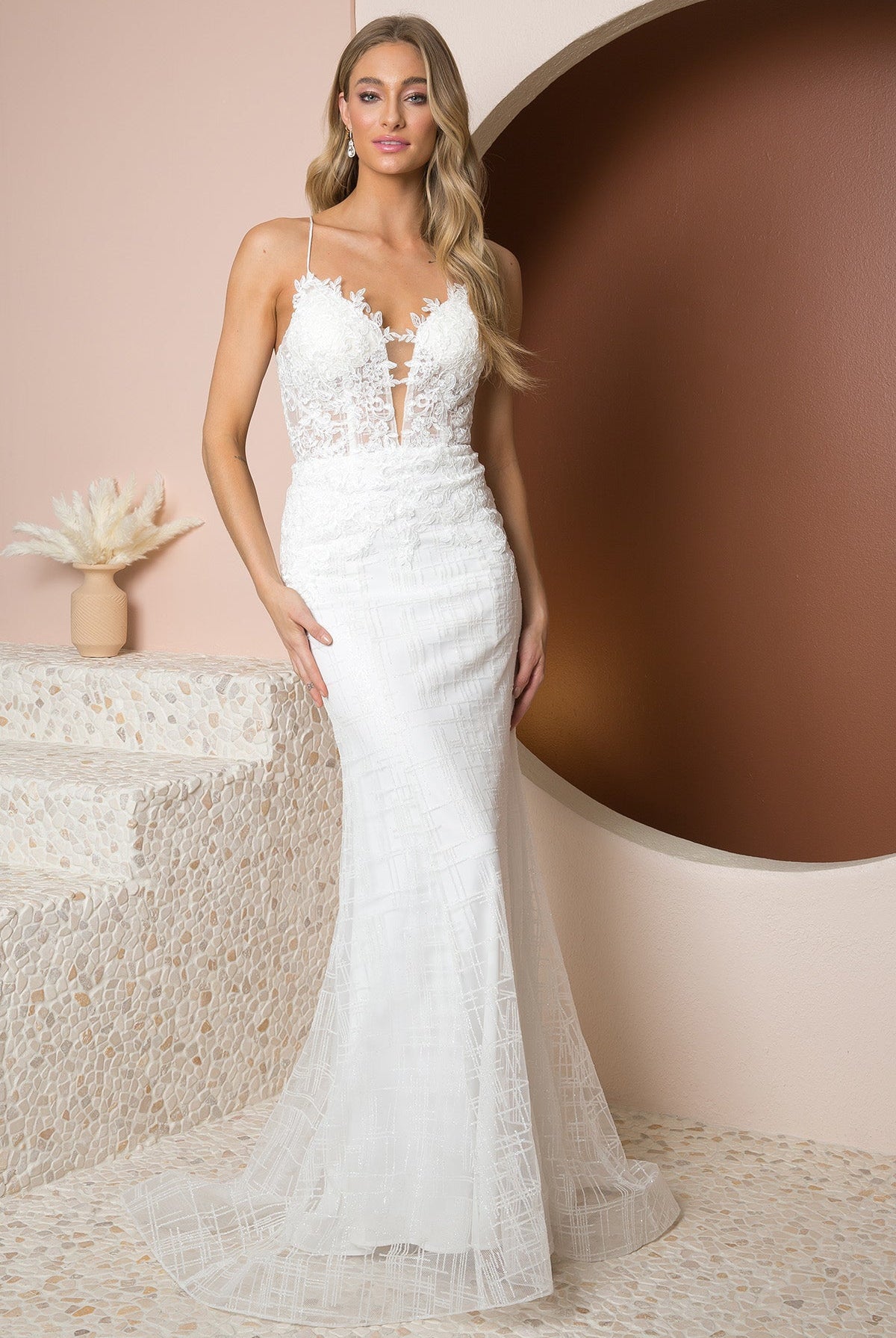 Glittery Deep V-Neck Bodice Trumpet Skirt Long Wedding Dress NXR282-1W-Wedding Dress-smcfashion.com