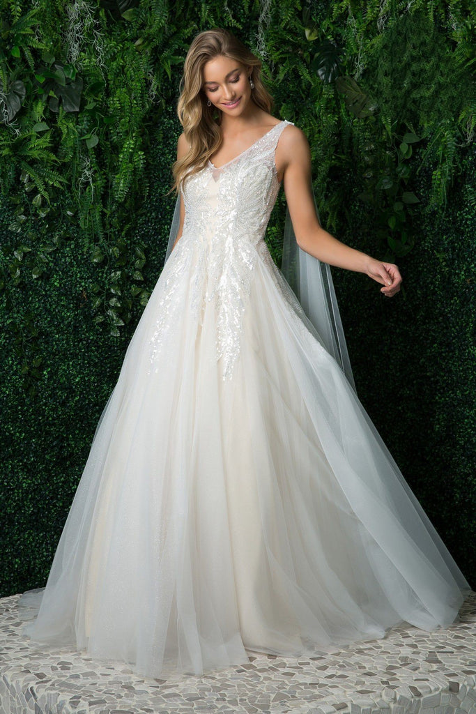 Sequin and Bead Embellished V-Neck Cape Sleeves Tulle Overlay Long Wedding Dress  NXJE947